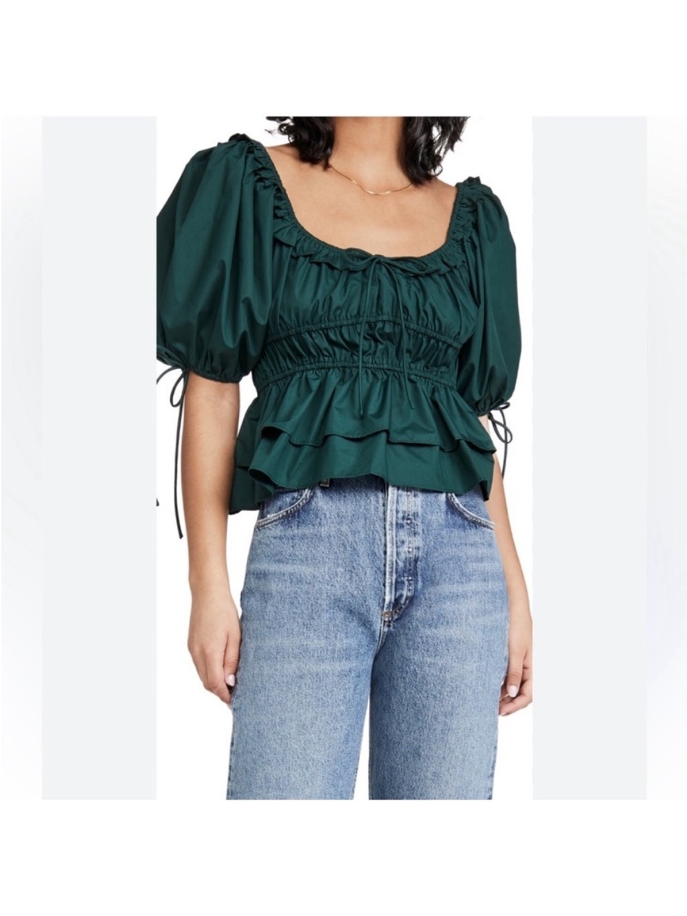 En Saison Emerald Puff-Sleeve Peplum Blouse